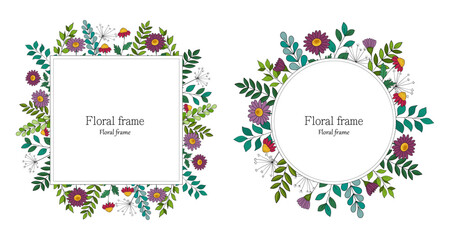 Set of floral frames with wildflowers and twigs.