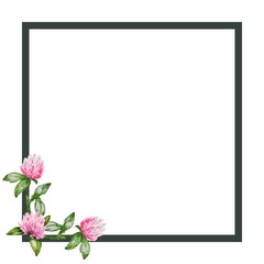 Corner frame border with watercolor pink flowers and leaves hand drawn a white background