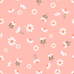 Seamless pattern of daisy chamomile flower with green leaves on pink background vector.