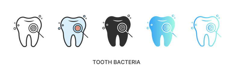 Vector tooth bacteria icon, cleaning treatment of teeth icon in solid, gradient and line styles and lineal color. Trendy colors. Isolated on a white background. Editable stroke
