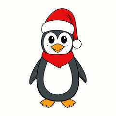 christmas penguin vector illustration, penguin with santa hat, penguin vector art, christmas vector Line art