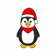 christmas penguin vector illustration, penguin with santa hat, penguin vector art, christmas vector Line art