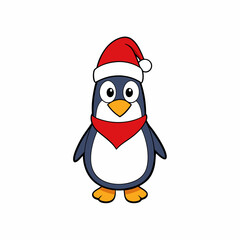 christmas penguin vector illustration, penguin with santa hat, penguin vector art, christmas vector Line art