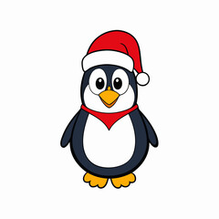 christmas penguin vector illustration, penguin with santa hat, penguin vector art, christmas vector Line art