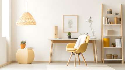 Obraz premium A bright yellow chair and a wooden desk with a white lamp in a minimalist home office, perfect for modern interior design 