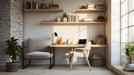 Minimalist home office with wooden desk and chair, a cozy and inspiring workspace for productivity and creativity 
