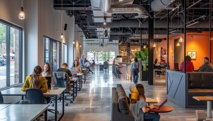 A bright open office with employees at desks, large windows, and natural light fosters productivity and collaboration AIG59
