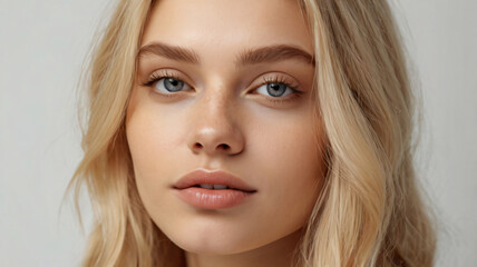 Fototapeta premium Close-up photo of beautiful blonde model with shiny perfect skin. Beauty makeup commercial cover