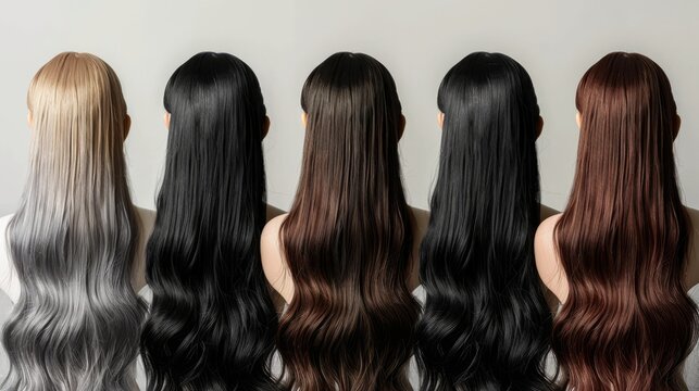 Back view of long hairstyles in different colors