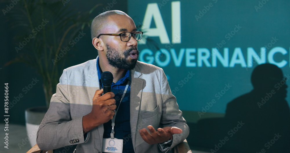 Aufkleber Conference, presentation and black man with mic in discussion for event, workshop and future development. IT, seminar and person with speech for ai governance, ethical guidelines and machine learning