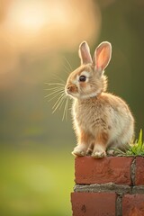Fototapeta premium Cute baby bunny sitting on a brick wall.