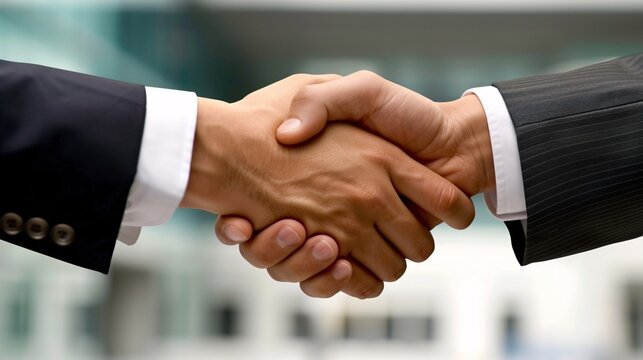 A close-up of a handshake between two business partners, sealing a deal or signifying a collaborative partnership