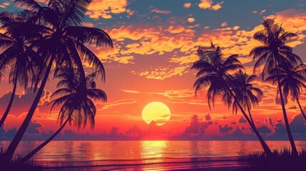 Obraz premium silhouette palm trees sunrise beach photo , tropical beach sunrise palm tree silhouettes , palm tree silhouettes at sunrise on a beach vacation