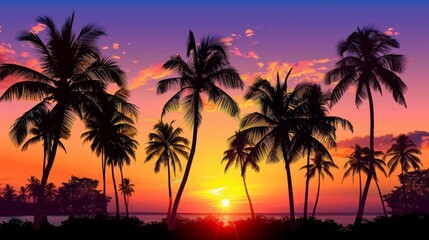 Obraz premium silhouette palm trees sunrise beach photo , tropical beach sunrise palm tree silhouettes , palm tree silhouettes at sunrise on a beach vacation