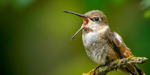 Obraz premium Hummingbird with Open Beak on Branch.