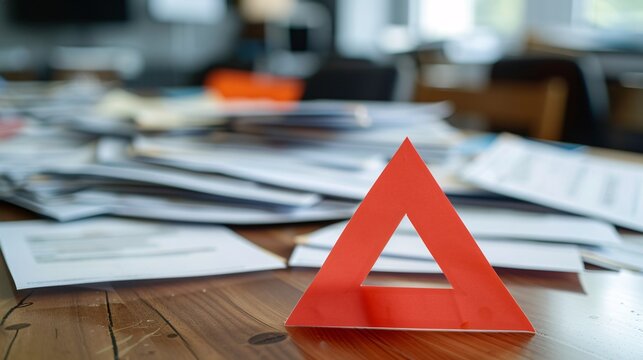 A warning triangle placed prominently on a desk filled with overdue bills and urgent notices, signifying the need for immediate financial action and awareness