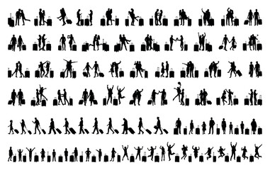Travelers with traveling vacation trip in various poses black silhouette set collection.