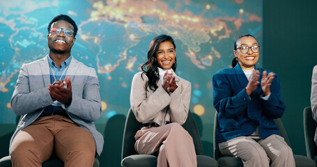 People, convention and stage for applause at presentation on global connectivity with web 3.0 at event. Man, women and happy for innovation with internet, future or digital transformation at seminar