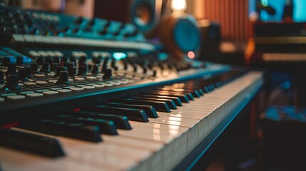 an electronic piano in a recording studio, minimal style, indie rock