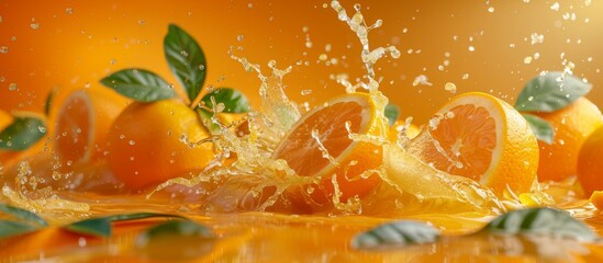 Fresh Oranges Splashing in Water with Vibrant Background and Green Leaves