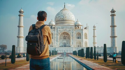 A tourism exploring image with a business traveler visiting a cultural landmark, taking notes and photos, blending the excitement of travel with professional exploration and opportunities