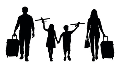 Parents pulling suitcases with children playing airplane toys front view portrait black silhouette.	
