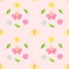 Fototapeta premium Seamless pattern cute insects , baby print, paper. Kids textile , flowers