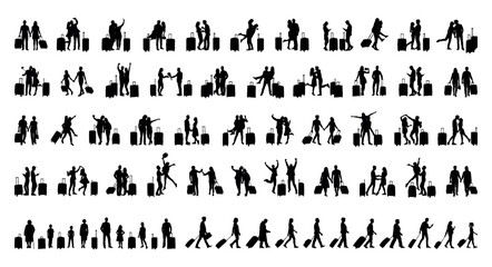 People all ages with suitcase in different poses going to travel on holidays vector silhouettes set. Couple travellers with travel bags in various poses black silhouette set collection.