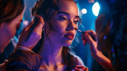 Fototapeta premium Model Getting Makeup Applied Backstage Under Bright Lights, Preparing for Fashion Show.