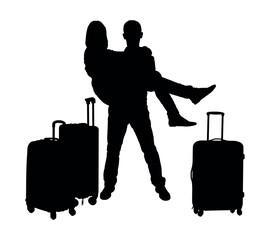 Man carrying woman in arms while traveling together vector black silhouette.