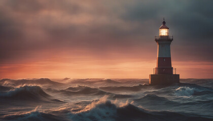lighthouse shining in the sea, dusky ocean, dramatic sunset colors painting the sky with warm hues
