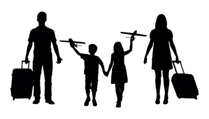 Parents carrying luggage with children playing airplane front view vector silhouette.