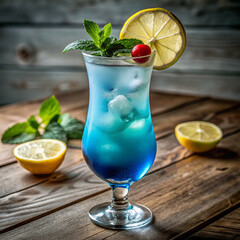 The description is of a beverage setup captured in a close and low perspective, presenting a vivid and fresh atmosphere
