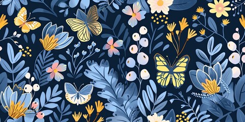 Blue and Yellow Floral Pattern with Butterflies.