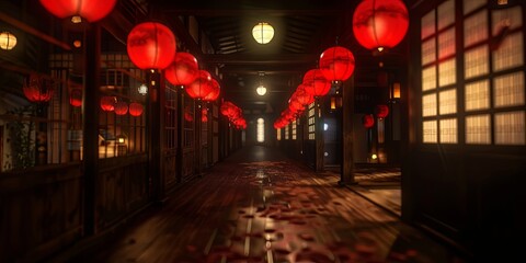Red Lanterns illuminate a mysterious Japanese alleyway.