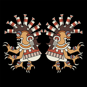 Symmetrical ethnic design with two monsters from Aztec or Mixtec codex. Native American mythology. On black background.