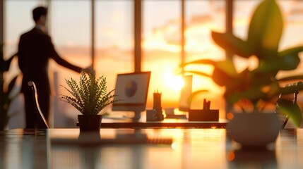 Fototapeta premium Silhouette of businessman standing by window overlooking sunset city skyline.