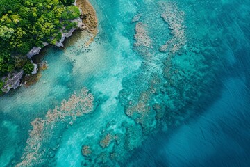 Aerial view of a tropical island coastline with lush green forest and vibrant turquoise coral reef in clear blue water