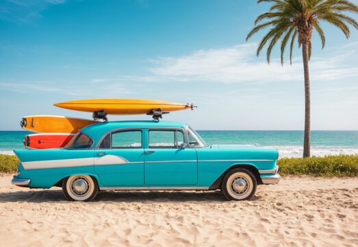 Retro car with surfboard and suitcases on a beach with palms. Summer concept