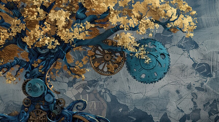  Wood, tree, nature, art, vintage background, products, enginer, generative, ai, steampunk, clock background, mechanical, pink, gold, gear, clock, movement,
