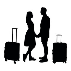 Romantic couple travel holding hands face to face vector black silhouette. Tourist couple standing and looking at each other with affection.