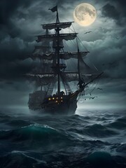 Fototapeta premium scary flying dutchman ghost ship, the ship's sails are torn to shreds, there is fog around the ship, sailing in the middle of a scary night sea Generative AI