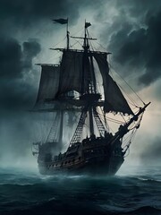 scary flying dutchman ghost ship, the ship's sails are torn to shreds, there is fog around the ship, sailing in the middle of a scary night sea Generative AI