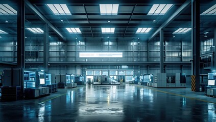 Fototapeta premium Modern Industrial Facility with Wet Floor and Bright Lights