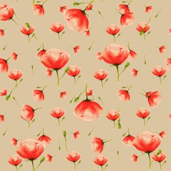 Seamless pattern watercolor  wildflowers red isolated  poppy pink beige background. 