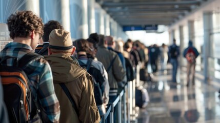 A long line of passengers waits at an airport gate, likely for a delayed or canceled flight due to overbooking