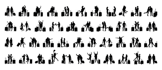 Travel couple traveling with luggage bags various poses vector silhouettes set collection. Romantic couple with suitcases black silhouette set.