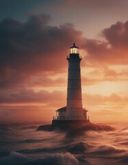 lighthouse shining in the sea, dusky ocean, dramatic sunset colors painting the sky with warm hues
