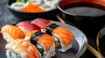 Close-up of assorted sushi on a dark plate with chopsticks and miso soup, showcasing fresh and vibrant Japanese cuisine.
