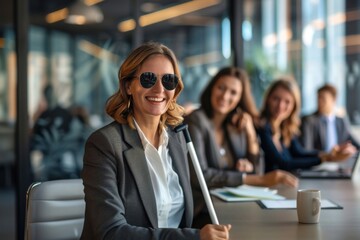 Blind business woman in an important meeting with the managers of her company
